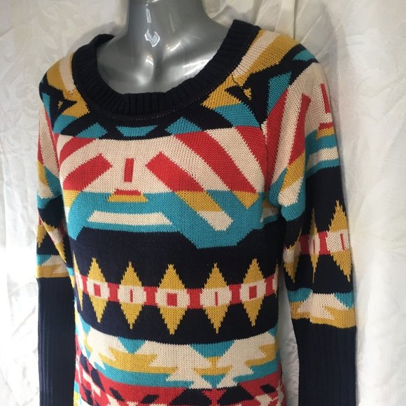 Vintage Jessica Simpson Long Sweater Size XS Tribal Aztec Navy Mustard Y2K - Picture 4 of 14